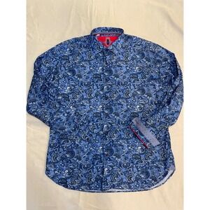 Luchiano Visconti Mens XXL Blue Floral Paisley Print Button Up Shirt Signature
